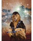 Personalized Chewdogga digital portrait of a dog dressed as Chewbacca with a starry background.