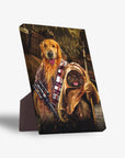 Personalized standing canvas with a Golden Retriever as Chewbacca and a small dog as an Ewok.