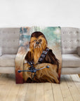 Personalized pet portrait blanket featuring a dog dressed as Chewbacca from Star Wars.