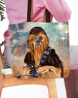 Personalized Chewbacca-style dog portrait tote bag with a space background.