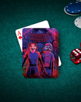 Personalized playing cards featuring two dogs in a "Chewing Things" cartoon style, on a green felt table with poker chips and dice.