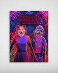 Personalized "Chewing Things" poster featuring two dogs with human bodies, vibrant fireworks, and a matte finish.