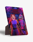 Personalized 'Chewing Things' standing canvas with two pets in retro outfits and fireworks background.