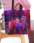 Personalized 3 pet tote bag with dogs in "Chewing Things" style, featuring fireworks and a funfair.