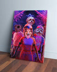 Personalized "Chewing Things" canvas featuring four pets with human bodies in a vibrant, neon-lit scene.