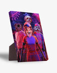 Personalized 'Chewing Things' standing canvas featuring four pets in Stranger Things-style outfits with fireworks.