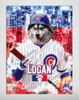 Personalized Chicago Cubdogs poster featuring a husky in a Cubs uniform, holding a bat, with a city background.