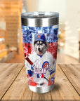 Personalized stainless steel tumbler with a husky dog in a Chicago Cubs baseball uniform.