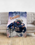 Personalized pet blanket with a pug dog in a Chicago Bears football uniform, named "Teddy".
