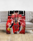 Personalized pet blanket featuring a German Shepherd dog in a red basketball uniform, dribbling on a court.