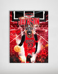 Personalized pet poster featuring a German Shepherd in a red basketball jersey, dribbling on a court.