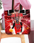 Personalized tote bag with a German Shepherd pet portrait in a red basketball jersey, dribbling a ball on a court.