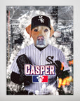 Personalized pet poster featuring a golden retriever in a Chicago White Sox baseball uniform with "CASPER" text.
