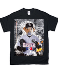Black Gildan t-shirt featuring a personalized dog in a White Sox baseball uniform with "CASPER" and a paw print.