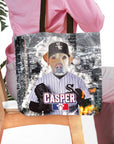 Personalized pet portrait tote bag featuring a dog in a baseball uniform with a city skyline background.