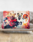 Personalized football pet blanket featuring two dogs in team jerseys on a gray sofa.