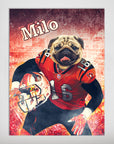 Personalized matte poster featuring a pug's head on a football player's body in a red and black uniform.