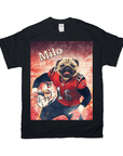 Black Gildan t-shirt featuring a pug in a red football uniform with "Milo" above it.