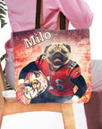 Personalized tote bag with a custom pug dog portrait in a red football uniform, named "Milo".