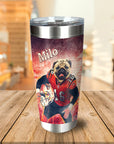 Personalized stainless steel tumbler with a pug in a football uniform and "Milo" text on a distressed red background.