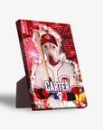 Personalized pet standing canvas featuring a white dog in a Cincinnati Reds baseball uniform with "CARTER" on the back.