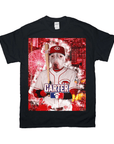 Black personalized pet t-shirt featuring a white dog in a Cincinnati Reds baseball uniform holding a bat.