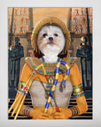 Personalized 'Cleopawtra' pet poster featuring a white Shih Tzu in an Egyptian pharaoh costume with a temple background.