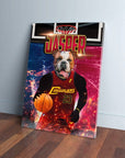 Personalized bulldog pet canvas in a red basketball jersey with "Doggoliers" and "23," holding a basketball.