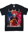 Black Gildan t-shirt with a bulldog in a red "Doggoliers 23" basketball jersey holding a ball.