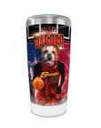 Personalized white stainless steel tumbler with a bulldog in a "Doggoliers" basketball jersey.