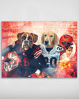 Personalized matte poster featuring two dogs in football uniforms with helmets, against a fiery red background.
