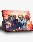 Personalized 'Cleveland Doggos' standing canvas featuring two pets in football uniforms against a fiery red background.