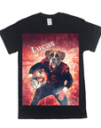 Black Gildan t-shirt with a personalized graphic of a boxer dog in a football uniform, holding a helmet.