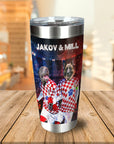 Personalized stainless steel tumbler with two dogs in Croatia soccer jerseys.