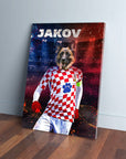 Personalized pet canvas featuring a German Shepherd in a Croatia soccer jersey with "JAKOV" above.