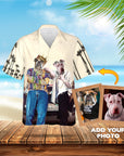 Custom Hawaiian shirt with two personalized dog portraits in a beach scene, featuring palm trees.