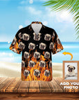 Custom Hawaiian shirt with multiple pug portraits on a flaming orange and black background.