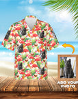 Custom Hawaiian shirt with a flamingo and pineapple pattern featuring multiple gray cat portraits.