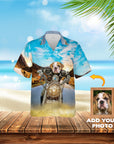 Custom Hawaiian shirt with a bulldog riding a motorcycle, shown on a beach background.