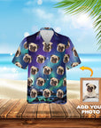 Custom Hawaiian shirt with multiple pug dog portraits on a Northern Lights galaxy background.