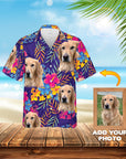 Custom Hawaiian shirt with multiple Golden Retriever pet portraits on a purple tropical floral background.