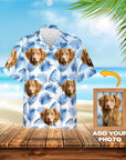 Custom Hawaiian shirt with multiple Nova Scotia Duck Tolling Retriever pet portraits and blue palm leaves on white fabric.