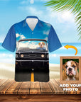 Custom Hawaiian shirt with a bulldog driving a classic car, blue sky background.