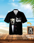 Custom black Hawaiian shirt with a bulldog in a tuxedo, "The Dogfather" text, and a photo upload option.