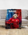 Personalized pet blanket with a Dalmatian dog in a red soccer jersey, name 'ADAM' above.