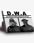 Black and white D.W.A. personalized 2 pet standing canvas featuring a poodle and a pug in hats.