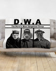 Personalized D.W.A. 3 pet blanket with custom portraits of a cat, poodle, and pug in black and white.
