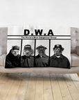 Personalized D.W.A. pet blanket featuring a cat, poodle, pug, and pitbull in black and white.