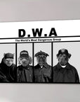 Black and white D.W.A. "The World's Most Dangerous Group" canvas featuring four pets in hats and jackets.