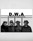 Black and white personalized poster featuring four pets dressed as a hip-hop group, with "D.W.A." text.